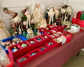 Vintage Christmas decorations including Shiny Brites, Santa and St. Nick statuettes, angels, tree toppers, reverse painted glass ornaments, and much more