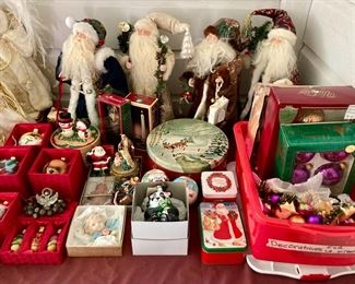 Vintage Christmas decorations including Shiny Brites, Santa and St. Nick statuettes, angels, tree toppers, reverse painted glass ornaments, and much more