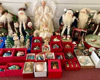 Vintage Christmas decorations including Shiny Brites, Santa and St. Nick statuettes, angels, tree toppers, reverse painted glass ornaments, and much more