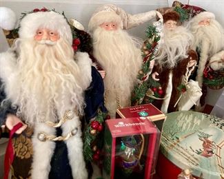 Vintage Christmas decorations including Shiny Brites, Santa and St. Nick statuettes, angels, tree toppers, reverse painted glass ornaments, and much more