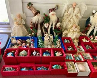 Vintage Christmas decorations including Shiny Brites, Santa and St. Nick statuettes, angels, tree toppers, reverse painted glass ornaments, and much more