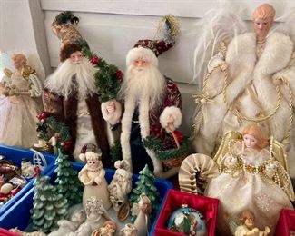 Vintage Christmas decorations including Shiny Brites, Santa and St. Nick statuettes, angels, tree toppers, ceramic trees, reverse painted glass ornaments, and much more