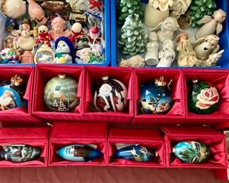 Vintage Christmas decorations including Shiny Brites, Santa and St. Nick statuettes, ceramic and pottery angels, tree toppers, reverse painted glass ornaments, and much more