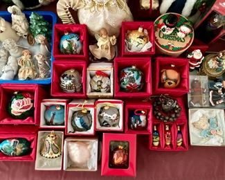 Vintage Christmas decorations including Shiny Brites, Santa and St. Nick statuettes, angels, tree toppers, reverse painted glass ornaments, and much more