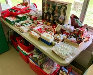 Vintage Christmas decorations including throw pillows, wooden, ceramic, pottery, satin and glass ornaments, Shiny Brites, pottery Nativity set, and much more