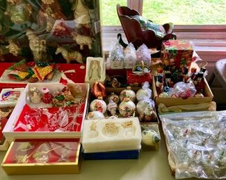 Vintage Christmas decorations including throw pillows, wooden, ceramic, pottery, satin and glass ornaments, Shiny Brites, pottery Nativity set, and much more