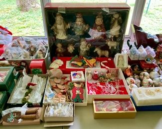 Vintage Christmas decorations including throw pillows, wooden, ceramic, pottery, satin and glass ornaments, Shiny Brites, pottery Nativity set, and much more
