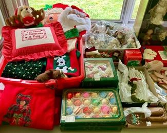 Vintage Christmas decorations including throw pillows, wooden, ceramic, pottery, satin and glass ornaments, Shiny Brites, pottery Nativity set, and much more