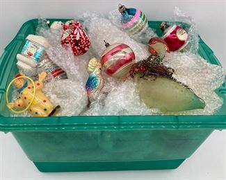 Assorted vintage Christmas and holiday ornaments including hand-blown glass, Shiny Brites, reverse painted, and many more