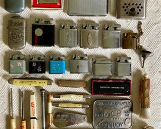 Vintage lighters, pocket knives, pocket screwdrivers, money clips, belt buckles