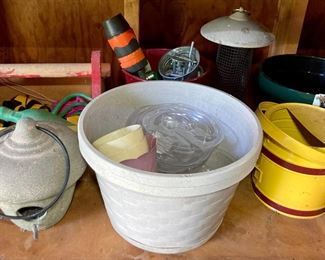 Assorted pots, buckets and bird houses