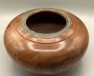 Original Mango Wood Bowl With Teal Stone Inlay