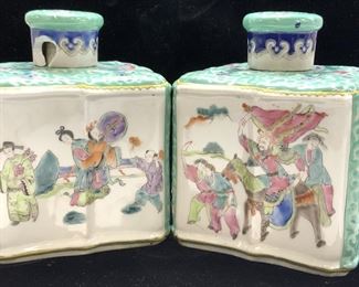 Pair Asian Porcelain Hand Painted Decanters
