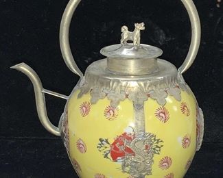 Chinese Hand Painted Porcelain & Metal Teapot
