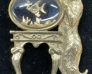 Gold Tone Cat with Fish Bowl Brooch
