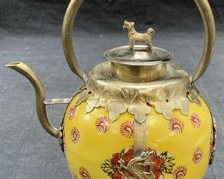 Chinese Hand Painted Porcelain & Metal Teapot
