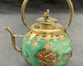 Chinese Hand Painted Porcelain & Metal Teapot
