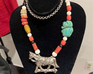 Chinese Sterling Coral Turquoise Figural Necklace.. missing the hanging toggles