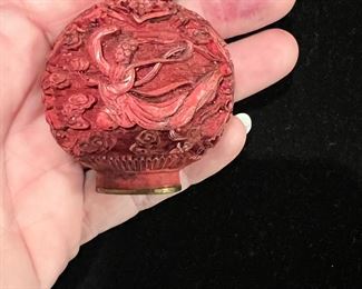 Extremely Rare Cinnabar check out detailed carving. Chrysanthemum top signed on Bottom.