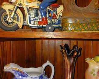 Motorcycle toy and flow blue pitcher 