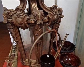 Antique cast metal and wood hanging lamp