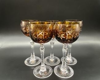 (5) Bohemian Yellow Cut to Clear Wine Hock Glasses