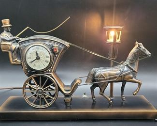 Vintage United Metal Hansom Cab Clock w/ Light & Moving Whip