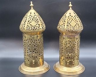2- Brass Hand Punched / Pierced Candle Lamps, Iran