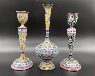 (3) Painted Metal: 2- 8.5in Candlesticks & a Vase