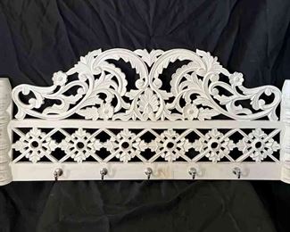 Large Wooden White Wall Decor with 5 Hooks