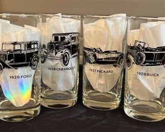 4 MCM Vintage Glasses Portraying Antique 1920s Automobiles