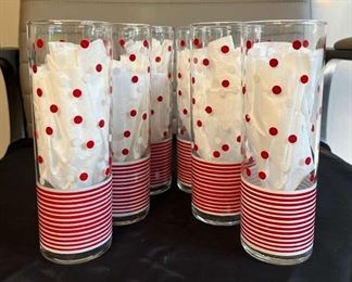 6 Vintage Libbey Red White Polka Dots and Stripes Tumblers