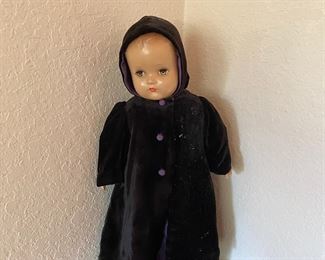 Celluloid Doll with Purple Dress and Overcoat