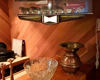 Budweiser World Champion Clydesdale Clock Sign, Copper & Brass Spittoon, Pair of Wooden Candle Stick Holders