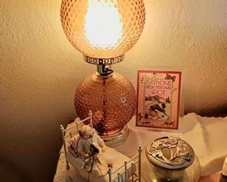 Hobnail Pink Glass Hurricane Lamp, Jan Hagara -Larka Figurine 