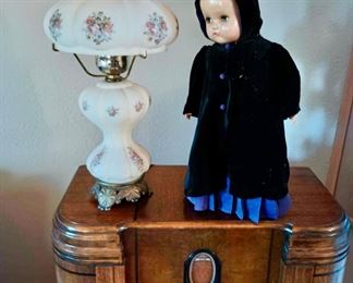 1936 Philco Console Radio, White and Floral Hurricane Lamp, 
