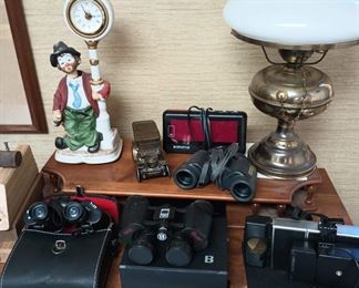 Melody In Motion Clown Clock, Brass & Milk Glass Hurricane Table Lamp