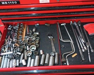 Assortment of Sockets, Union Bay Red Rolling Tool Box