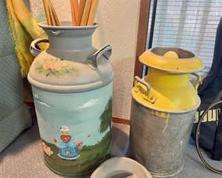 Hand Painted Farm Themed Milk Can, Galvanized Metal & Yellow Milk Can