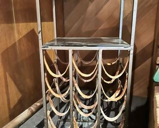 Mid Century Iron, Leather, and Wood Wine Rack