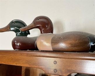 2 Wood Carved Mallard Duck Sculptures