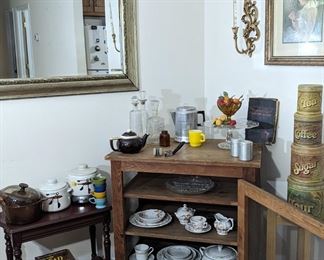 Pie safe, kitchen items, mirror, cookbooks, artwork