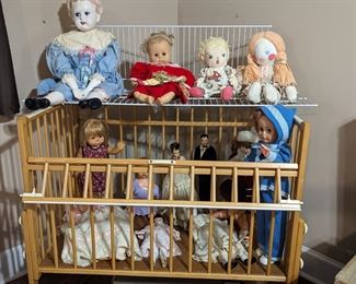 Vintage dolls, handmade dolls, vintage travel crib
