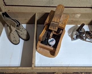 1940 women's, slip over shoes rain boots, vtg shoe shine kit, vtg travel iron