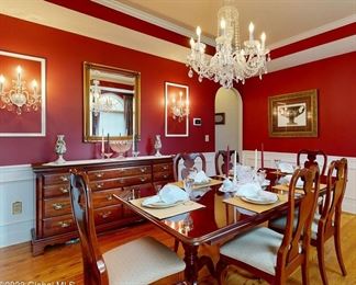 Stanley side server, banded table, 2 leaves, pad for both, 8 chairs, see photo of matching breakfront ..  NOTICE: THIS SET IS ONE OF THE SELECT PIECES OF  FURNITURE THAT WILL BE AVAILABLE TO VIEW AND PURCHASE PRIOR TO THE OPENING OF THE SALE.   NO ANTIQUES OR COLLECTIBLES WILL BE PRE-SOLD-BUT THE LARGE ITEMS DESIGNATED WITH THIS MESSAGE ARE.  JUST MESSAGE ME FOR AN APPOINTMENT. 