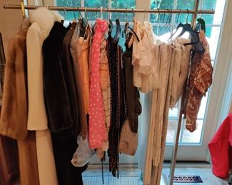 FUR COATS, INFANT DRESSES-CHRISTENING? VINTAGE APRONS FRESHLY DRY CLEANED HIGH QUALITY VINTAGE LINENS  HUGE SELECTION OF TIES AND BELTS