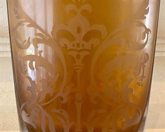 Frosted Fillagree Design Amber Glass Oblong Vase
