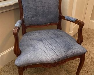 Blue Leather and Walnut Queen Anne Style Arm Chair