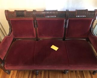 Eastlake red velvet sofa. 60 “ seating.  C early 1900’s