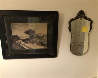 Vintage picture with wooden frame. Vintage mirror 